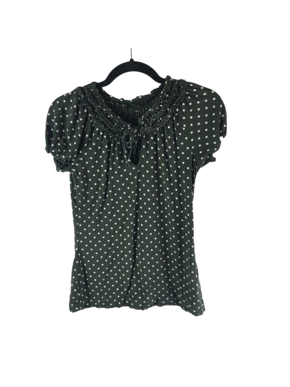 BCBG Max Azria Green Polka Dot Smocked Blouse Short Sleeve Womens Size S